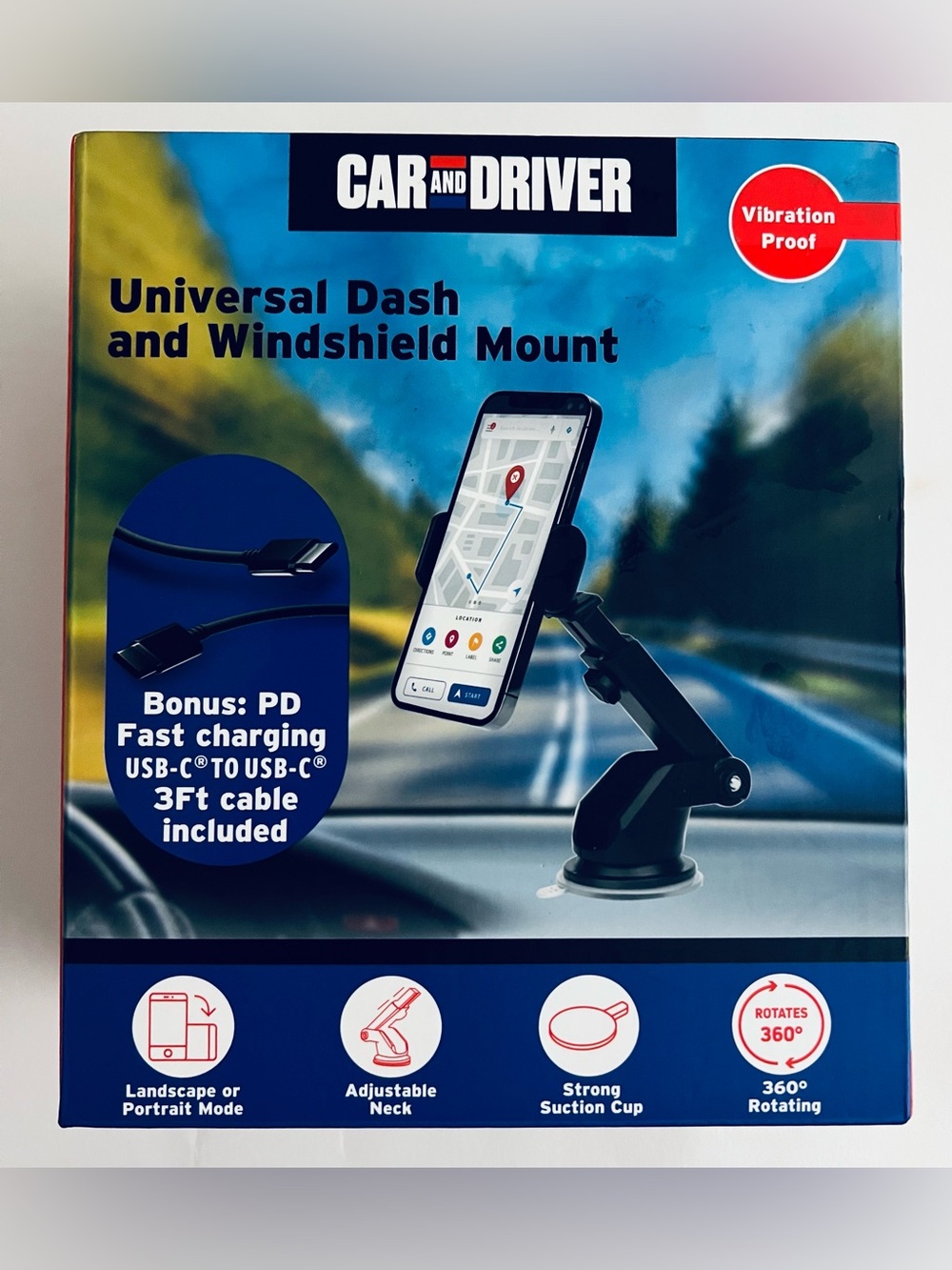 Car and Driver Universal Dash Windshield Phone Mount Holder USB-C Cable New